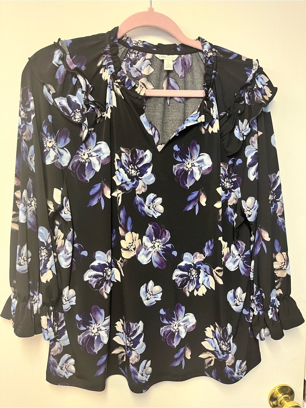 Cato Black Purple Floral Ruffle Blouse Long Sleeve V-Neck